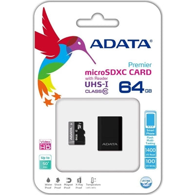 Adata Premier 64GB Micro SDHC UHS-I Class 10 Memory Card + Adapter Adata Premier 64GB Micro SDHC UHS-I Class 10 Memory Card + Adapter